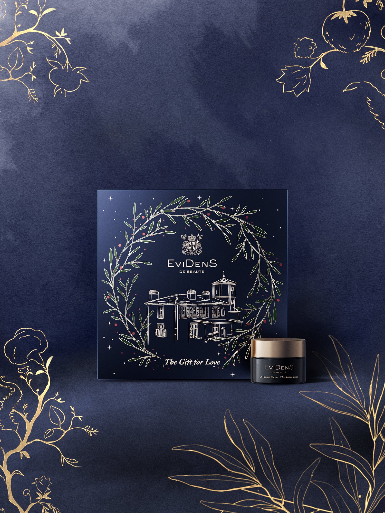 Evdens product packaging on a dark blue background with gold leaf accents