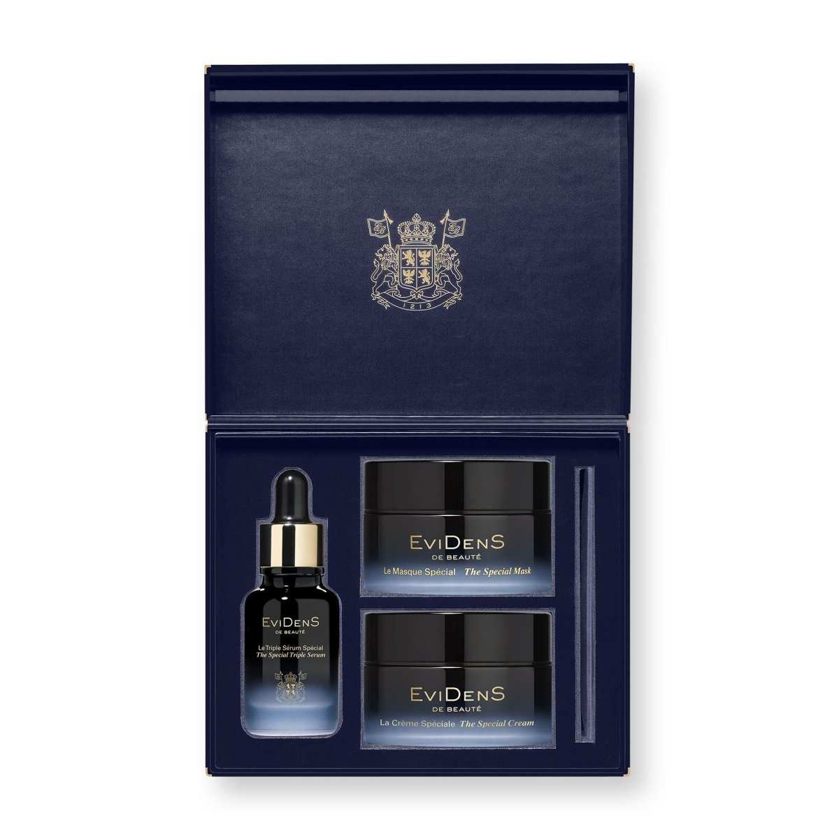 The Special Saho Set skincare collection with serum, mask, cream, and eye treatment in a luxury navy jewel box